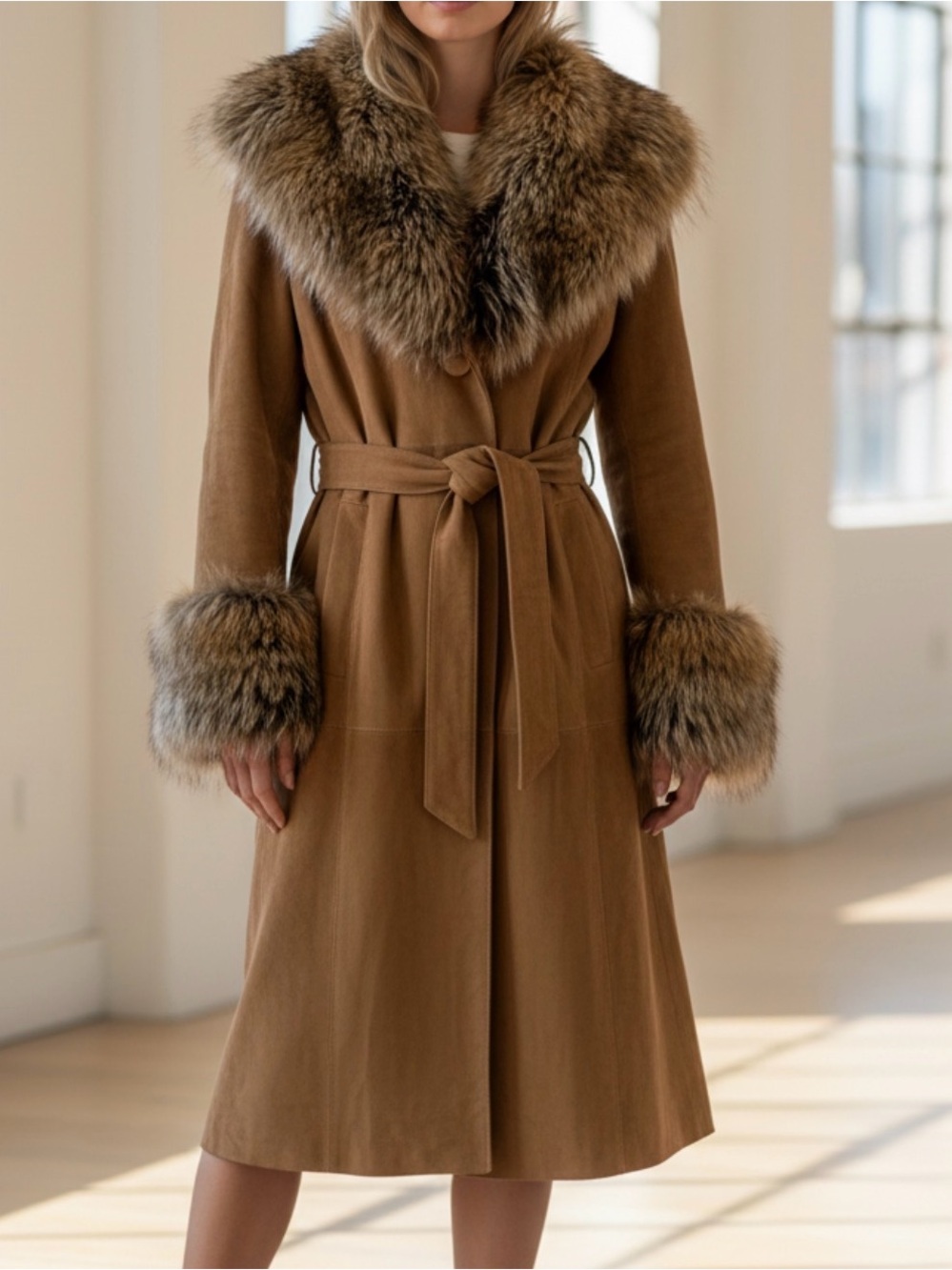 Wilsons Leather Camel Trench Coat with Fur Trim